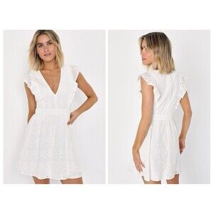 Lulus Flirtatious in Florence White Ruffled Eyelet Cotton Mini Dress-Medium NWOT